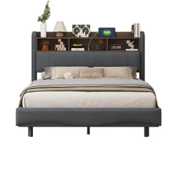 Redom Canape lit 140x200 avec eclairage LED rangement tete en tissu gris et ports USB Type C