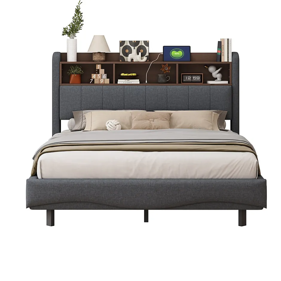Redom Canape lit 140x200 avec eclairage LED rangement tete en tissu gris et ports USB Type C