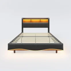 Redom Canape lit 140x200 avec eclairage LED rangement tete en tissu gris et ports USB Type C