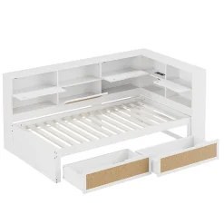 Blackcolors Canapé-lit bois 90x200cm, tiroir, rangement, prise, blanc