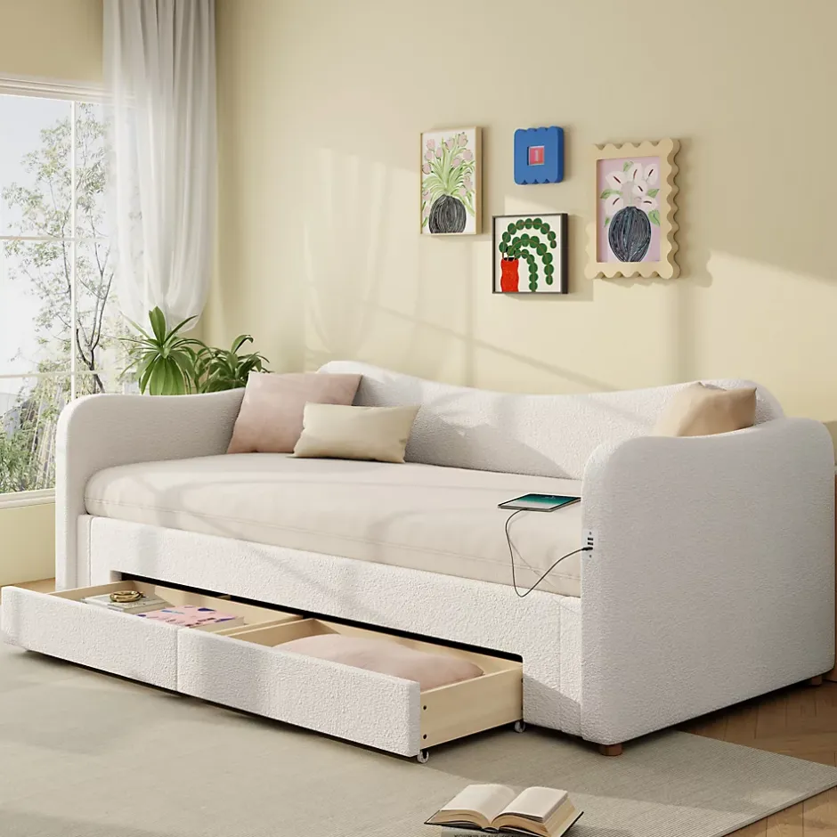 ModernLuxe Canapé-lit capitonné 90x200cm - Avec lit gigogne - 2 tiroirs de rangement - Port USB - Tissu bouclé - Beige (sans matelas) Sale