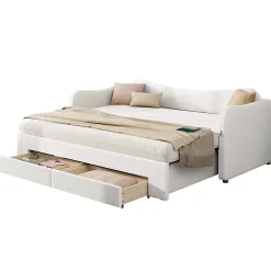 ModernLuxe Canapé-lit capitonné 90x200cm - Avec lit gigogne - 2 tiroirs de rangement - Port USB - Tissu bouclé - Beige (sans matelas) Sale