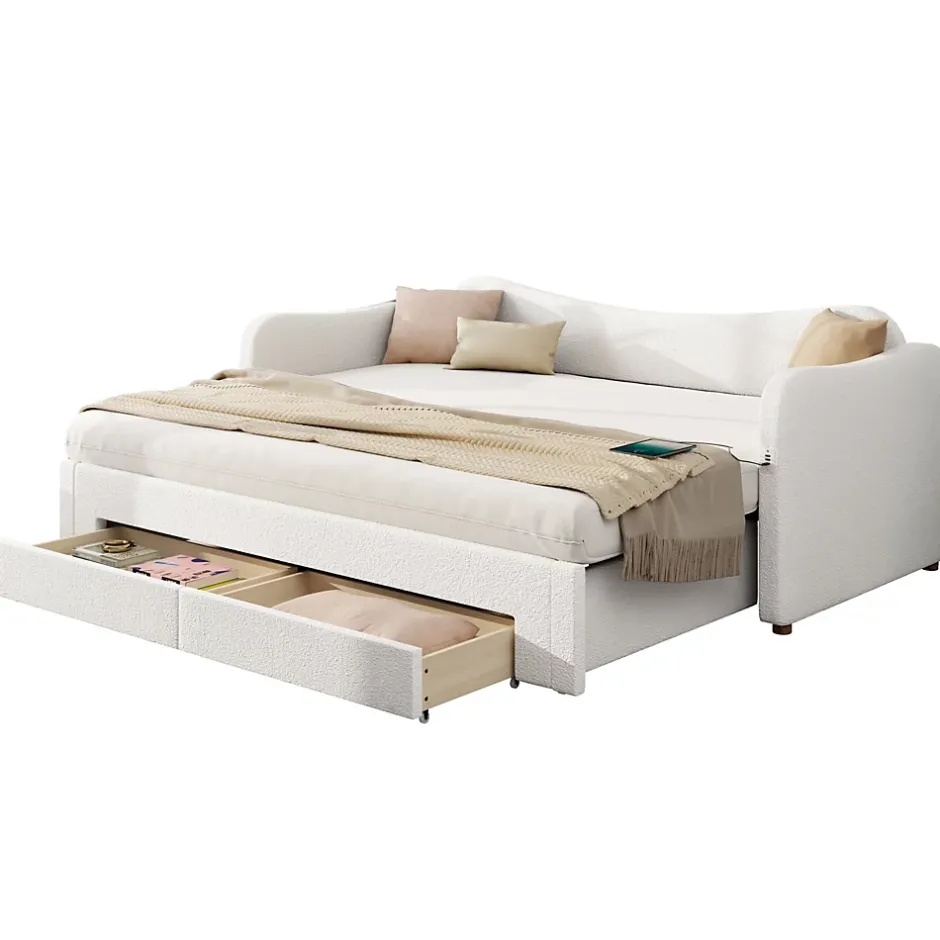 ModernLuxe Canapé-lit capitonné 90x200cm - Avec lit gigogne - 2 tiroirs de rangement - Port USB - Tissu bouclé - Beige (sans matelas) Sale