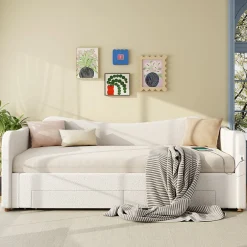 ModernLuxe Canapé-lit capitonné 90x200cm - Avec lit gigogne - 2 tiroirs de rangement - Port USB - Tissu bouclé - Beige (sans matelas) Sale