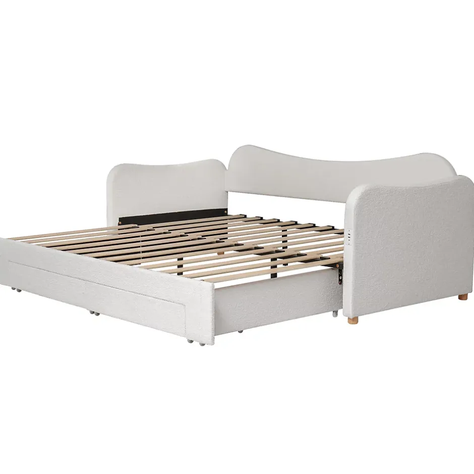 ModernLuxe Canapé-lit capitonné 90x200cm - Avec lit gigogne - 2 tiroirs de rangement - Port USB - Tissu bouclé - Beige (sans matelas) Sale