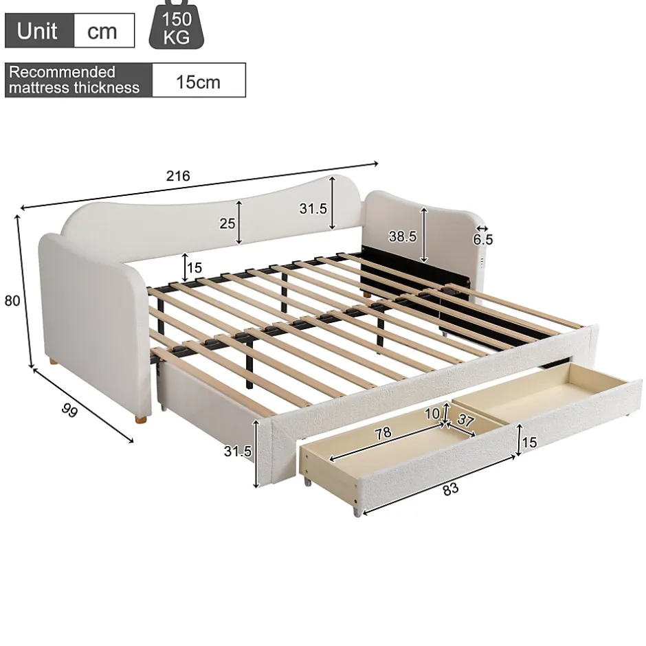 ModernLuxe Canapé-lit capitonné 90x200cm - Avec lit gigogne - 2 tiroirs de rangement - Port USB - Tissu bouclé - Beige (sans matelas) Sale