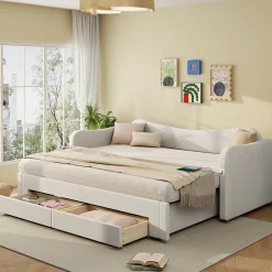 ModernLuxe Canapé-lit capitonné 90x200cm - Avec lit gigogne - 2 tiroirs de rangement - Port USB - Tissu velours - Beige (Matelas non inclus)