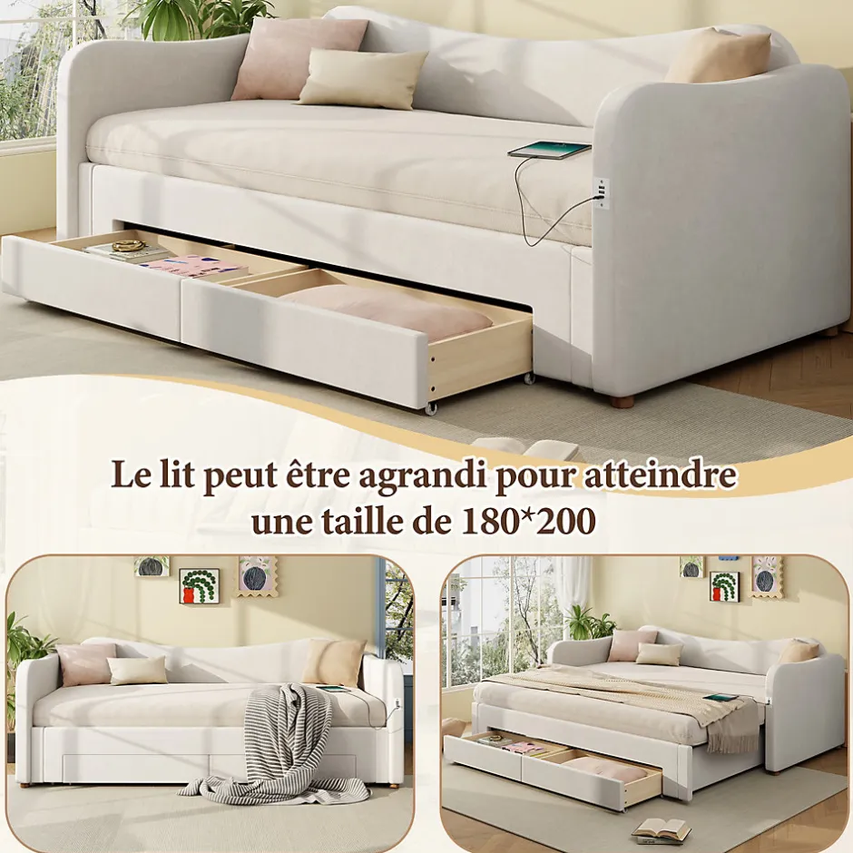 ModernLuxe Canapé-lit capitonné 90x200cm - Avec lit gigogne - 2 tiroirs de rangement - Port USB - Tissu velours - Beige (Matelas non inclus)