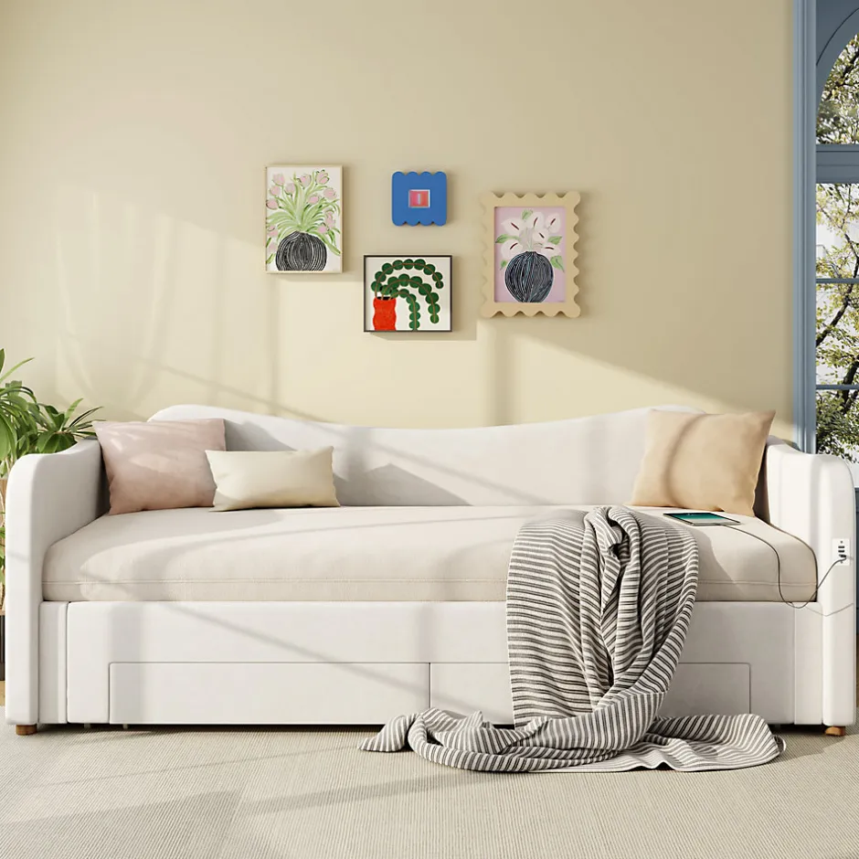 ModernLuxe Canapé-lit capitonné 90x200cm - Avec lit gigogne - 2 tiroirs de rangement - Port USB - Tissu velours - Beige (Matelas non inclus)