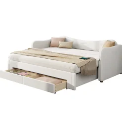 ModernLuxe Canapé-lit capitonné 90x200cm - Avec lit gigogne - 2 tiroirs de rangement - Port USB - Tissu velours - Beige (Matelas non inclus)