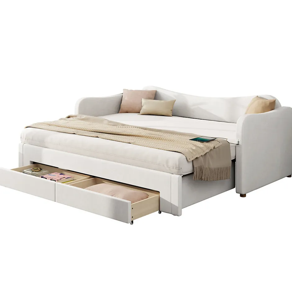 ModernLuxe Canapé-lit capitonné 90x200cm - Avec lit gigogne - 2 tiroirs de rangement - Port USB - Tissu velours - Beige (Matelas non inclus)
