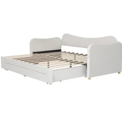 ModernLuxe Canapé-lit capitonné 90x200cm - Avec lit gigogne - 2 tiroirs de rangement - Port USB - Tissu velours - Beige (Matelas non inclus)
