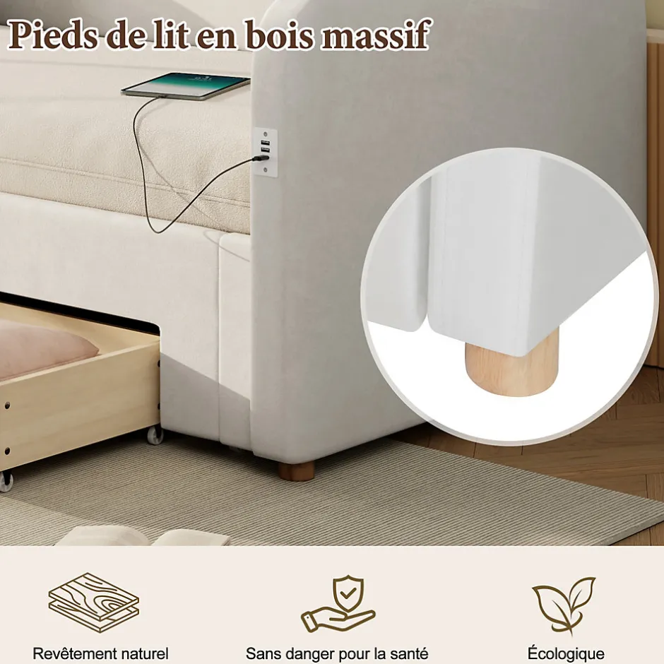 ModernLuxe Canapé-lit capitonné 90x200cm - Avec lit gigogne - 2 tiroirs de rangement - Port USB - Tissu velours - Beige (Matelas non inclus)