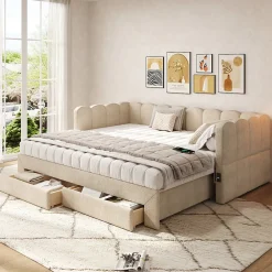 ModernLuxe Canapé-lit capitonné 90x190cm - lit gigogne - 2 tiroirs - port USB - tissu chenille - beige (matelas non inclus)