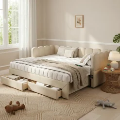 ModernLuxe Canapé-lit capitonné 90x190cm - lit gigogne - 2 tiroirs - port USB - tissu chenille - beige (matelas non inclus)