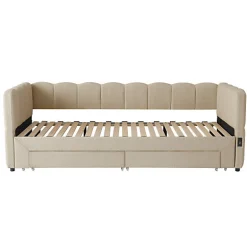 ModernLuxe Canapé-lit capitonné 90x190cm - lit gigogne - 2 tiroirs - port USB - tissu chenille - beige (matelas non inclus)