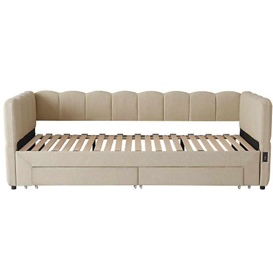 ModernLuxe Canapé-lit capitonné 90x190cm - lit gigogne - 2 tiroirs - port USB - tissu chenille - beige (matelas non inclus)