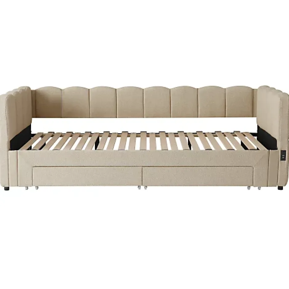 ModernLuxe Canapé-lit capitonné 90x200cm - lit gigogne - 2 tiroirs - port USB - tissu chenille - beige (matelas non inclus) Clearance