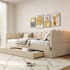 ModernLuxe Canapé-lit capitonné 90x200cm - lit gigogne - 2 tiroirs - port USB - tissu chenille - beige (matelas non inclus) Clearance