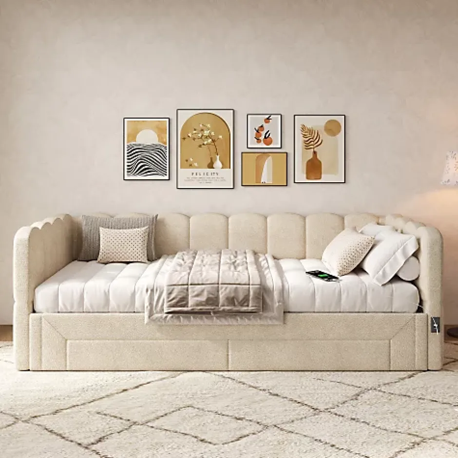 ModernLuxe Canapé-lit capitonné 90x200cm - lit gigogne - 2 tiroirs - port USB - tissu chenille - beige (matelas non inclus) Clearance