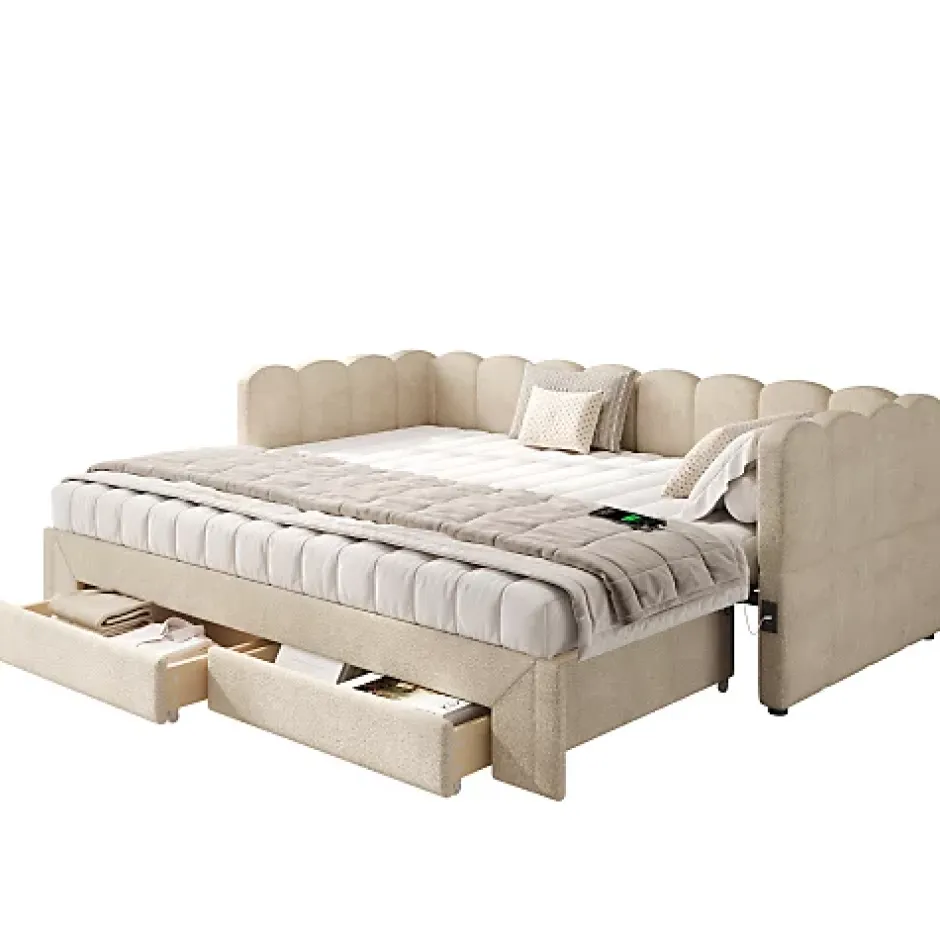 ModernLuxe Canapé-lit capitonné 90x200cm - lit gigogne - 2 tiroirs - port USB - tissu chenille - beige (matelas non inclus) Clearance