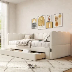 ModernLuxe Canapé-lit capitonné 90x190cm - lit gigogne - 2 tiroirs - port USB - tissu chenille - beige (matelas non inclus) Sale