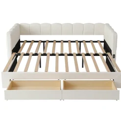ModernLuxe Canapé-lit capitonné 90x190cm - lit gigogne - 2 tiroirs - port USB - tissu chenille - beige (matelas non inclus) Sale