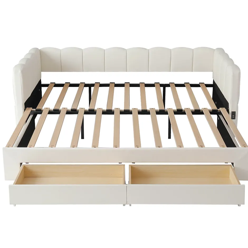 ModernLuxe Canapé-lit capitonné 90x190cm - lit gigogne - 2 tiroirs - port USB - tissu chenille - beige (matelas non inclus) Sale