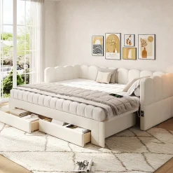 ModernLuxe Canapé-lit capitonné 90x200cm - lit gigogne - 2 tiroirs - port USB - tissu chenille - beige (matelas non inclus)