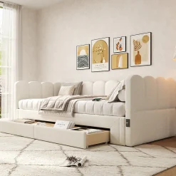 ModernLuxe Canapé-lit capitonné 90x200cm - lit gigogne - 2 tiroirs - port USB - tissu chenille - beige (matelas non inclus)
