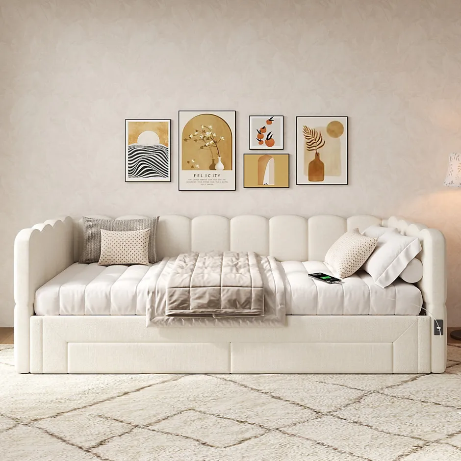ModernLuxe Canapé-lit capitonné 90x200cm - lit gigogne - 2 tiroirs - port USB - tissu chenille - beige (matelas non inclus)