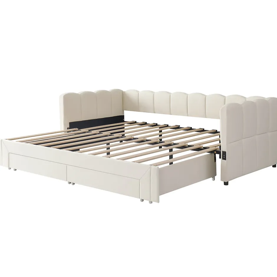 ModernLuxe Canapé-lit capitonné 90x200cm - lit gigogne - 2 tiroirs - port USB - tissu chenille - beige (matelas non inclus)