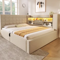 ModernLuxe Canapé-lit coffre 140x190cm - avec LED et port de chargement - avec sommier à lattes - tissu de lin - beige (sans matelas)
