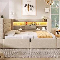 ModernLuxe Canapé-lit coffre 140x190cm - avec LED et port de chargement - avec sommier à lattes - tissu de lin - beige (sans matelas)