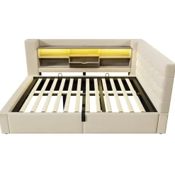 ModernLuxe Canapé-lit coffre 140x190cm - avec LED et port de chargement - avec sommier à lattes - tissu de lin - beige (sans matelas)