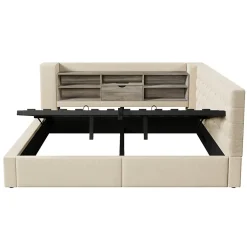 ModernLuxe Canapé-lit coffre 140x190cm - avec LED et port de chargement - avec sommier à lattes - tissu de lin - beige (sans matelas)