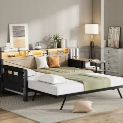 ModernLuxe Canapé-lit en métal 90x200cm - Avec lit gigogne - 3 tiroirs et 3 étagères - LED et port USB - Noir (sans matelas)