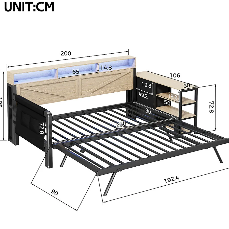 ModernLuxe Canapé-lit en métal 90x200cm - Avec lit gigogne - 3 tiroirs et 3 étagères - LED et port USB - Noir (sans matelas)