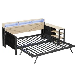 ModernLuxe Canapé-lit en métal 90x200cm - Avec lit gigogne - 3 tiroirs et 3 étagères - LED et port USB - Noir (sans matelas)
