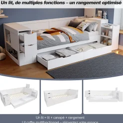 ModernLuxe Canapé-lit enfant 90x190 cm - Avec tiroirs, étagères et espace de rangement - MDF - Blanc (sans matelas)