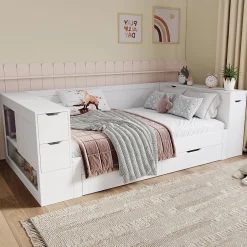 ModernLuxe Canapé-lit enfant 90x190 cm - Avec tiroirs, étagères et espace de rangement - MDF - Blanc (sans matelas)