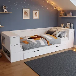 ModernLuxe Canapé-lit enfant 90x190 cm - Avec tiroirs, étagères et espace de rangement - MDF - Blanc (sans matelas)