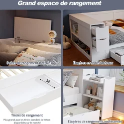 ModernLuxe Canapé-lit enfant 90x190 cm - Avec tiroirs, étagères et espace de rangement - MDF - Blanc (sans matelas)