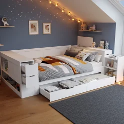 ModernLuxe Canapé-lit enfant 140x190 cm - Avec tiroirs, étagères et espace de rangement - MDF - Blanc (sans matelas) Clearance