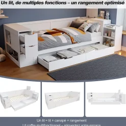 ModernLuxe Canapé-lit enfant 140x190 cm - Avec tiroirs, étagères et espace de rangement - MDF - Blanc (sans matelas) Clearance