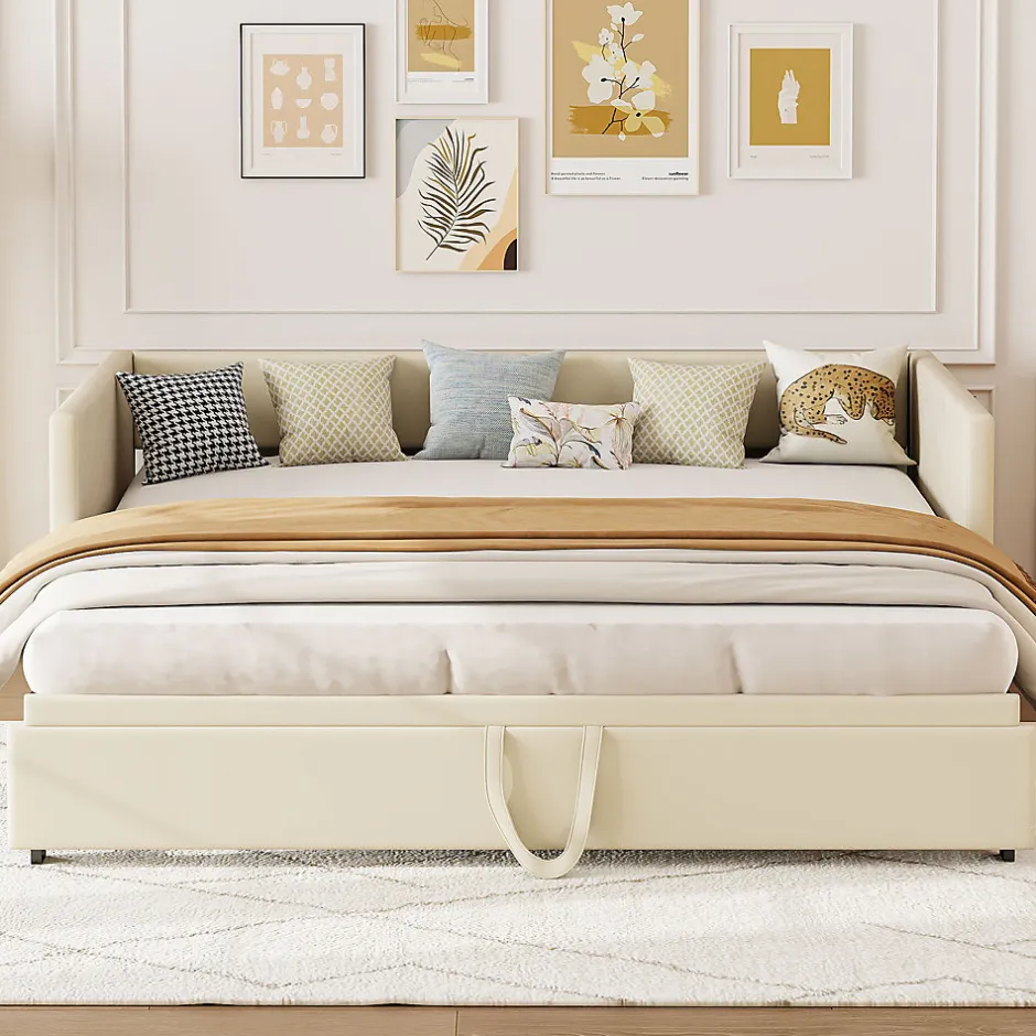 Simple Life Canapé-lit Extensible 90/180 X 200 Cm Avec Sommier à Lattes,canapé Lit 2 Places,velours, Beige