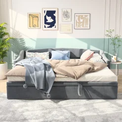 Fortuna lai Canapé-lit, extensible, 140x 200 cm, avec sommier à lattes, tissu en velours, canapé-lit, sans matelas, gris foncé Outlet