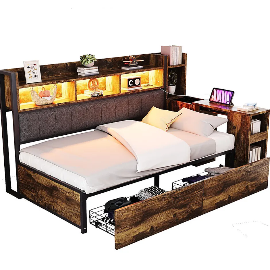Blackcolors Canapé-lit fer 90x200 cm, rangement, LED, tiroirs, bureau coulissant - couleur bois