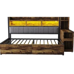 Blackcolors Canapé-lit fer 90x200 cm, rangement, LED, tiroirs, bureau coulissant - couleur bois