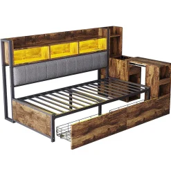 Blackcolors Canapé-lit fer 90x200 cm, rangement, LED, tiroirs, bureau coulissant - couleur bois